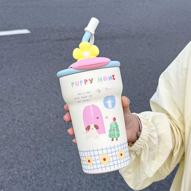 Straw Bingba Cup Cute Thermos Cup Girls High Value Student Cold Water Cup Cute Office Double Drink