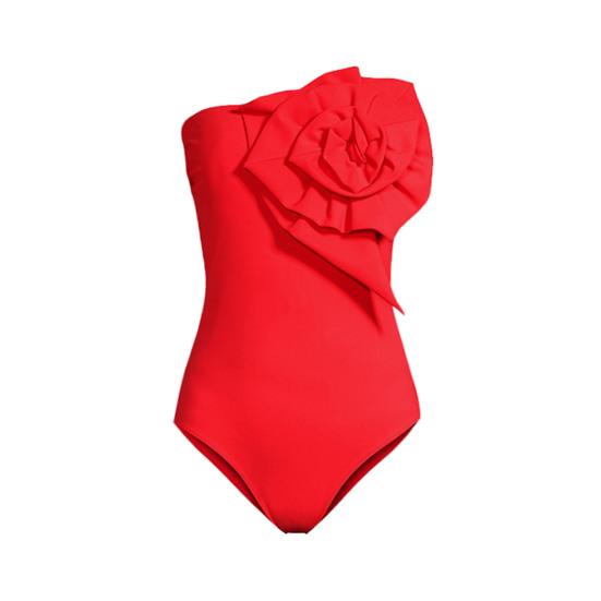 Women Monokini Bandeau Sleeveless 3D Flower Decor One-piece Bikini Solid Color Backless Quick Drying Swimwear