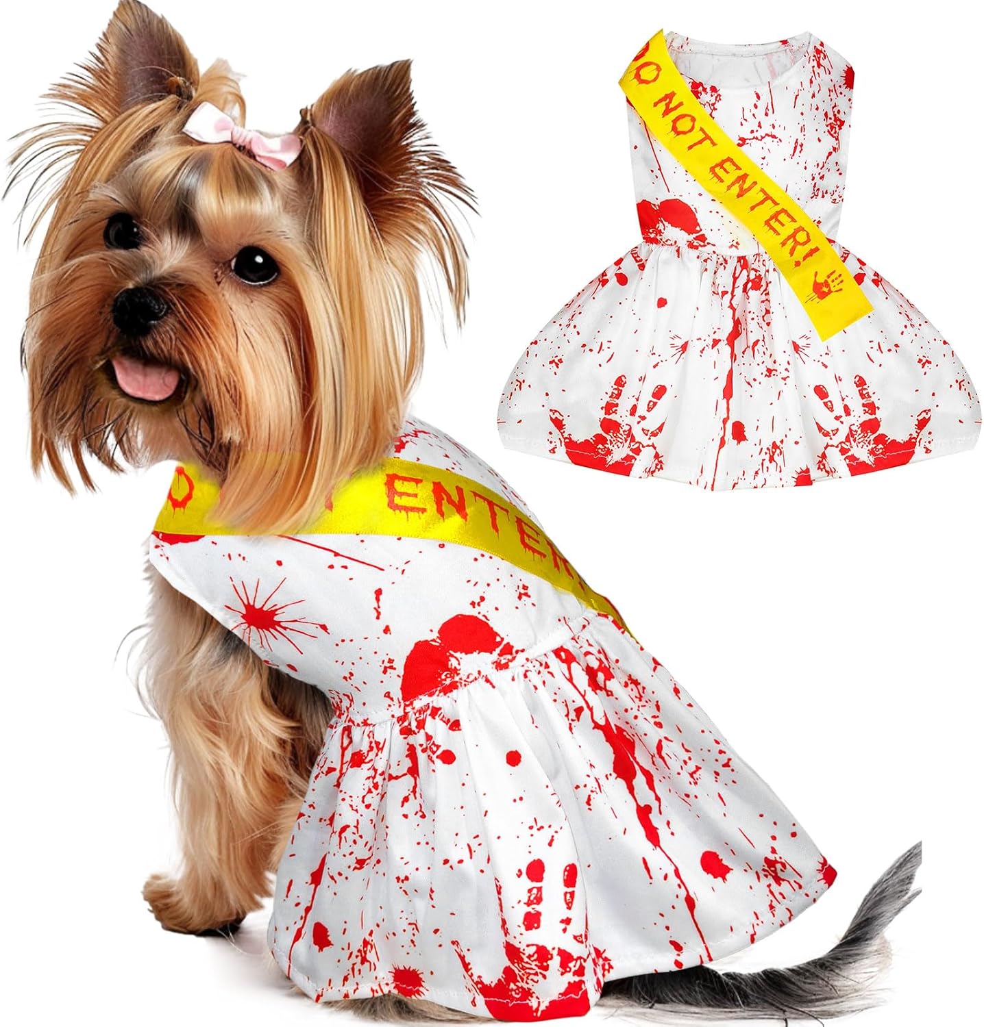 

Halloween Dog Cats Dress Bloody Handprint White Puppy Cat Costume for Medium Small Pets Clothing DO NOT Enter Sash for Holiday S (2.8-4.4 lbs)