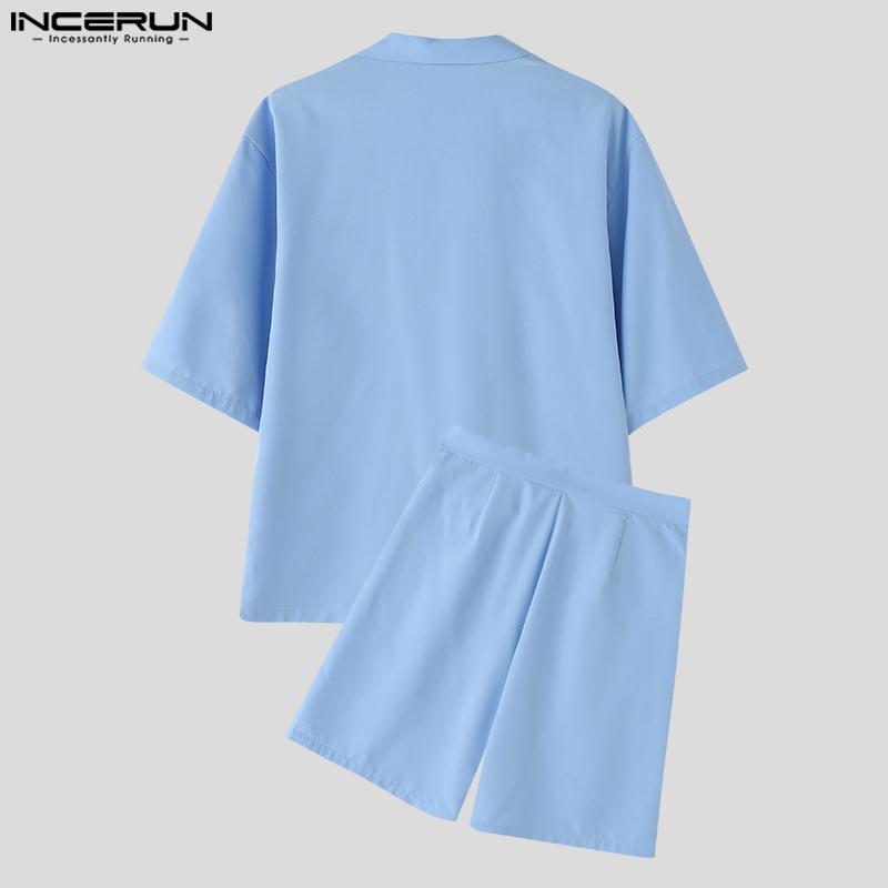 INCERUN Two Piece Suit Men Short Sleeve Shirts Zip-up Half Pants Outfits Sets