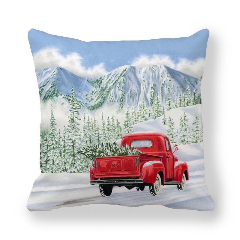 Red Car Christmas Tree Santa Cushion Cover Christmas Pillowcase Home Sofa Chair Bed Pillowcase