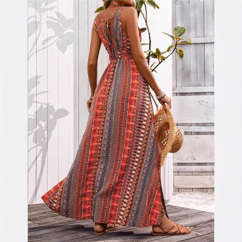 Summer new vacation fashion waist deep V print sleeveless dress