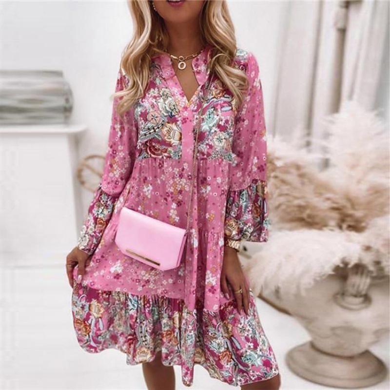 Women‘s V Neck Long Sleeve A-Line Mini Dress Floral Print High Waist Casual Gown