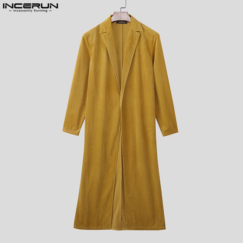 INCERUN Autumn Men Long Sleeve High Splits Open Front Long Corduroy Coats Windbreaker