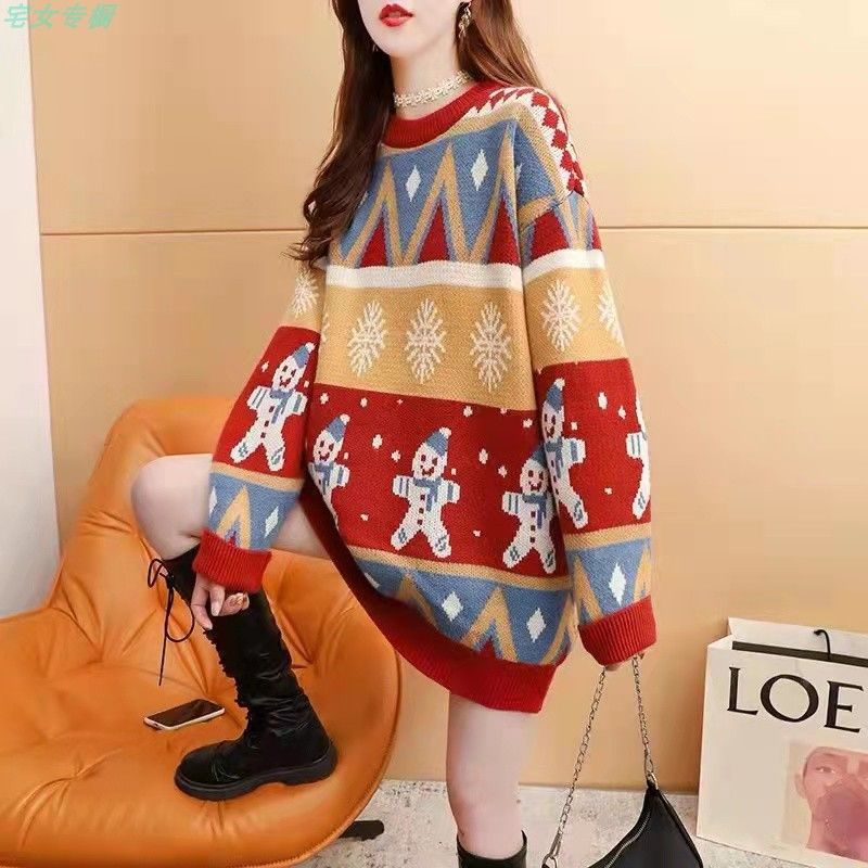 Autumn Winter New Loose Oversized Sweater Women Christmas Snowflake Knitted Longline Thickened Pullover