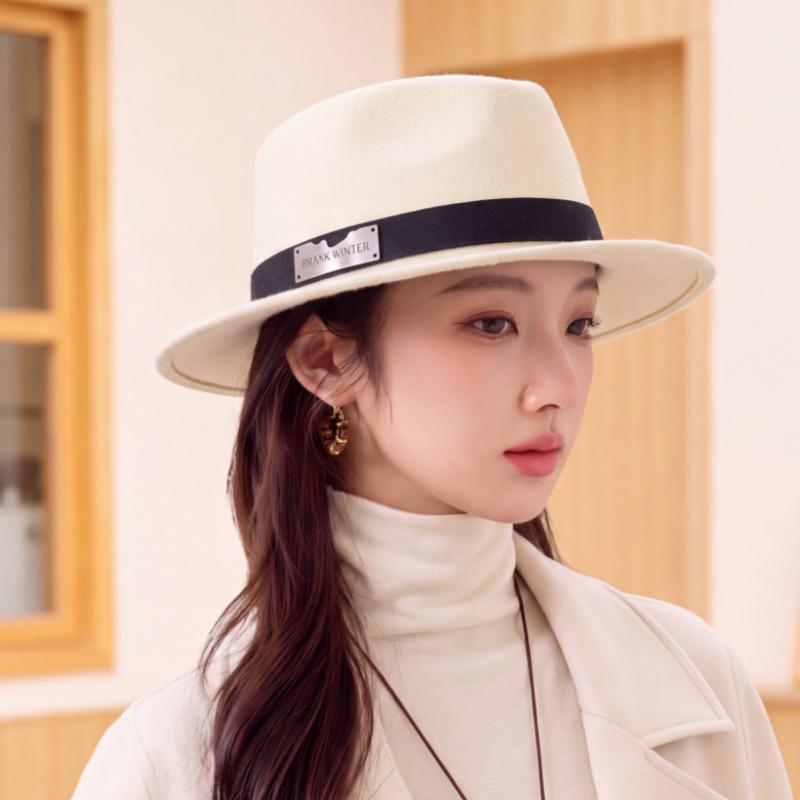 Autumn and winter new wool jazz hat women's retro elegant black flat top wide brim top hat versatile warm hat