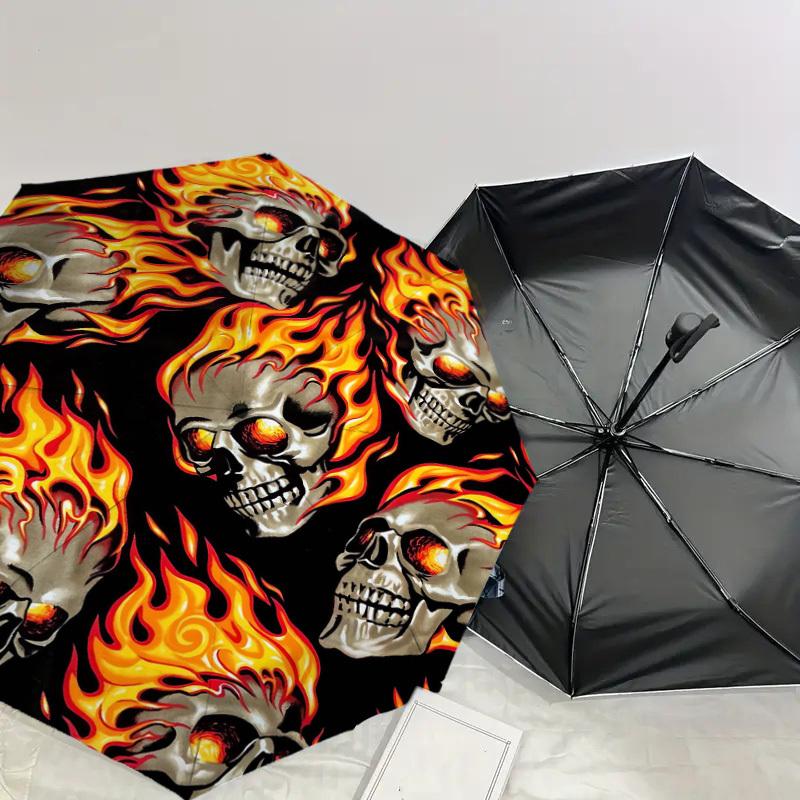1pc Skulls Fire Pattern Umbrella Design Automatic Opening and Closing Umbrella, High-quality Travel Umbrella, Lightweight and Portable,