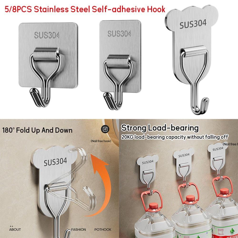 5/8PCS Bear Shape Sticky Hook Stainless Steel Door Behind Hook Self-adhesive Hook  Bathroom Kitchen