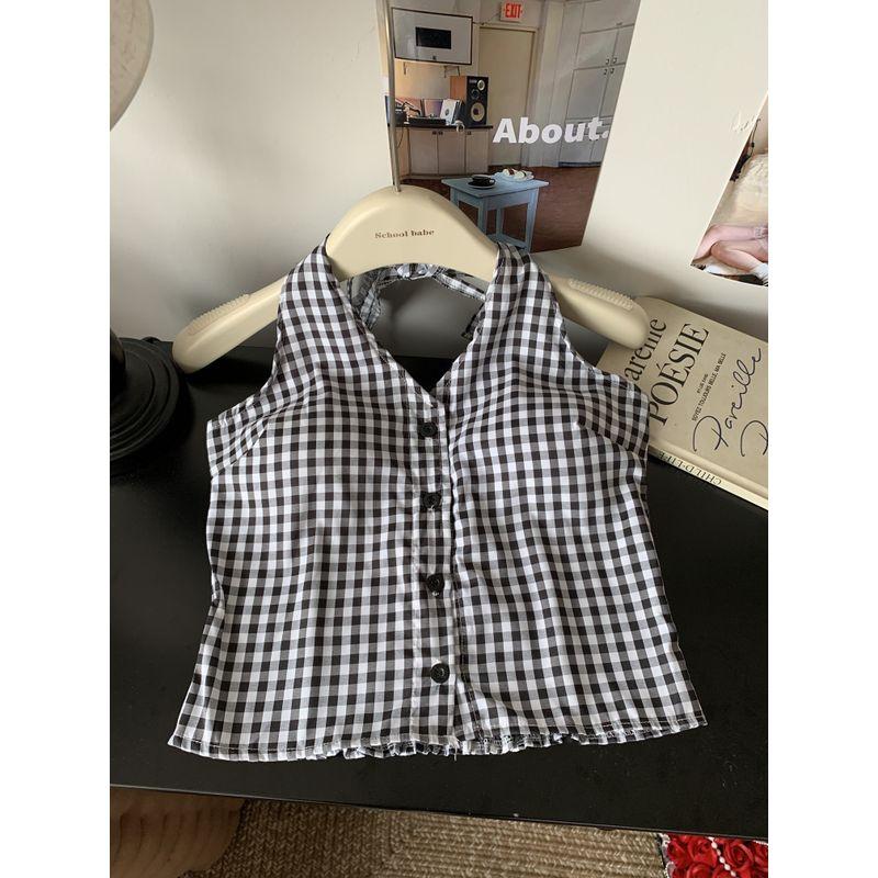 Kumikumi Retro Gyaru Plaid Halter Top Sling Women Clothes Summer Niche Chic Slimming Outer Wear Top