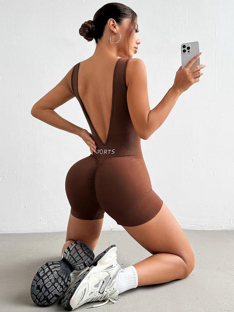 Seamless Deep V-Neck Yoga Bodysuit: Women's Nude-Tight Shaping Sportswear with Beautiful Back Design