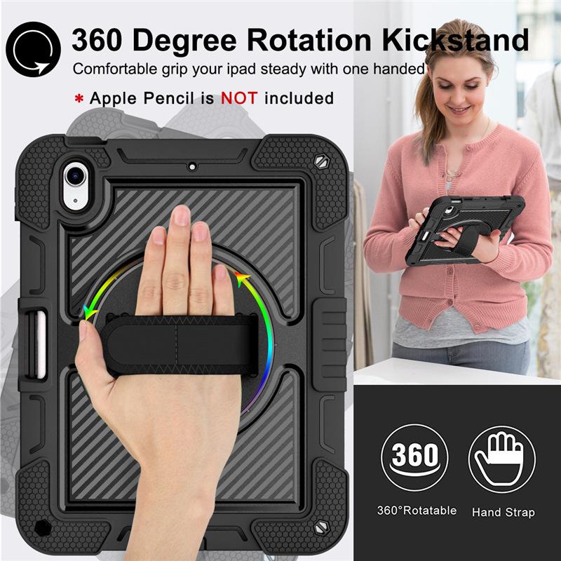 For iPad A16 11 Inch (2025)/iPad 10.9 Inch 10th Gen Shockproof Case, Built-in Pencil Holder, Tri-fold Stand, Clear Back, Black