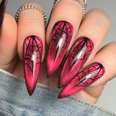 Halloween Künstliche Nägel Dunkelrot Tragender Nagel Abnehmbares Nagelstück Spinnennetz Nagelstück Katzenauge Nagelpflaster