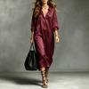 Women Satin Long Sleeve Shirt Dress V Neck Loose Fit Midi Dress with Pockets Casual Elegant Silky Fabric