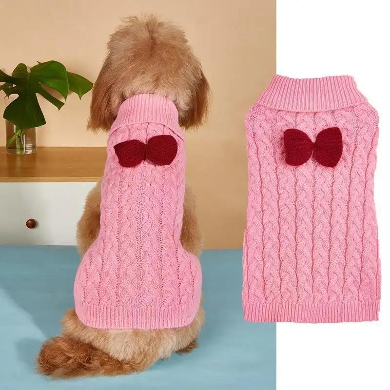 Pet Pullover High Collar Sweater Solid Fried Dough Twists Sweater Bow Knit Multicolor Comfortable Autumn Winter Christmas Pet