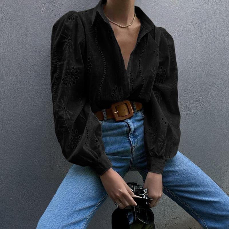 Elegant Loose Fashion Lace Women Shirt Casual Hollow Out Puff Long Sleeve Top Single-breasted Office Blouse Solid Sweet Simple Lapel Women's Clothing