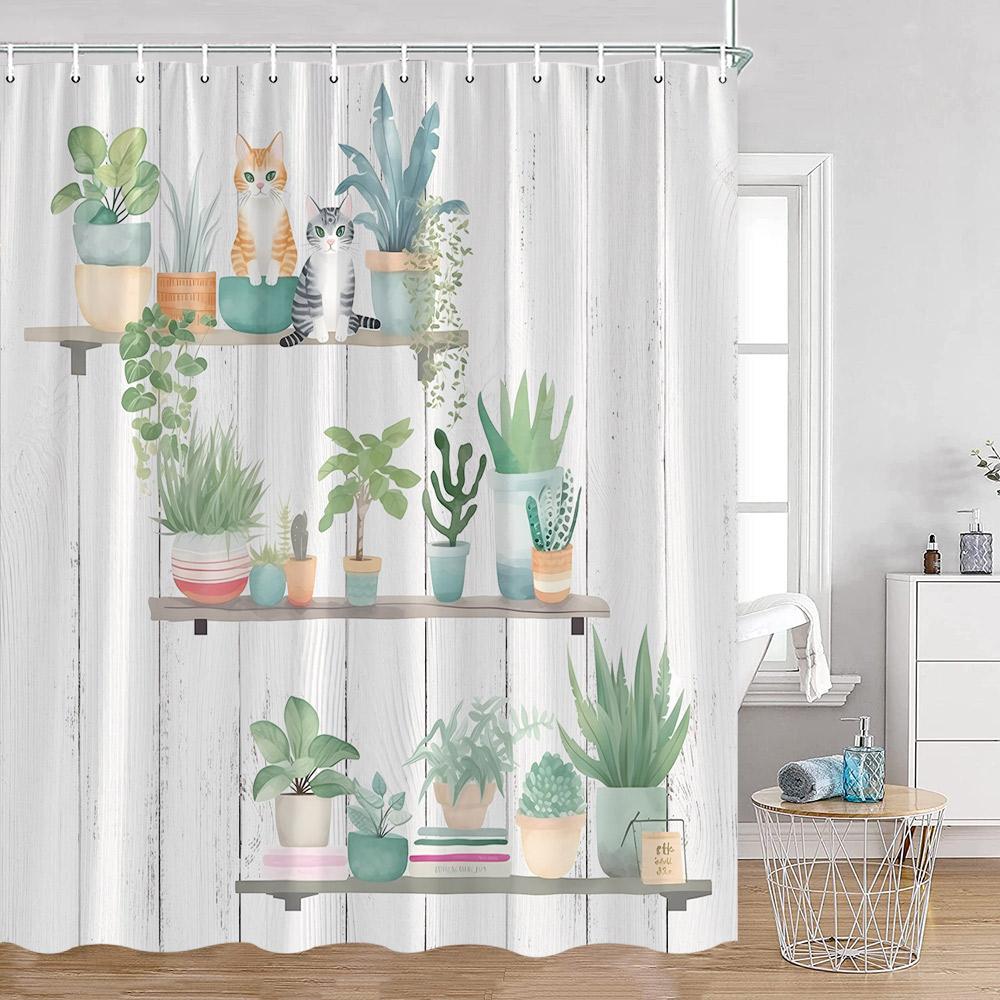 Grüne Topfpflanzen Duschvorhänge Cartoon Katzen Hängende Tropische Blätter Dekorationen Für Bad Polyestergewebe Badezimmervorhang