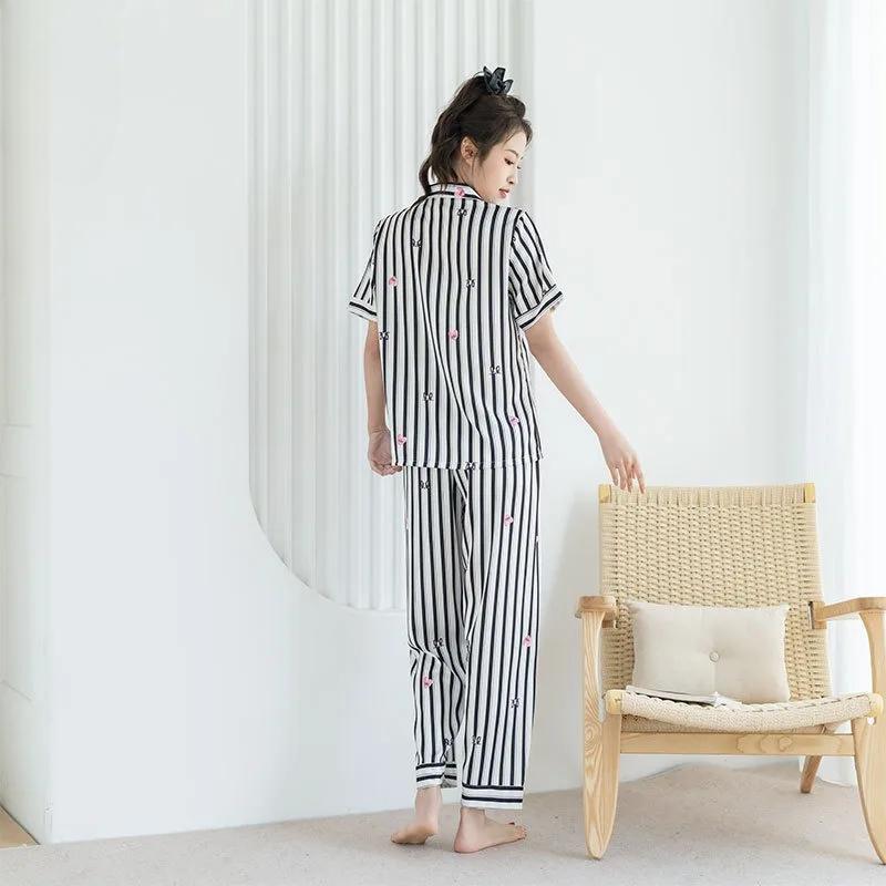 Black and White Striped Ice Silk Pajamas Women's Summer Short-sleeved Pants Suit Simple Casual Satin Outer Wear Lapel Cardigan