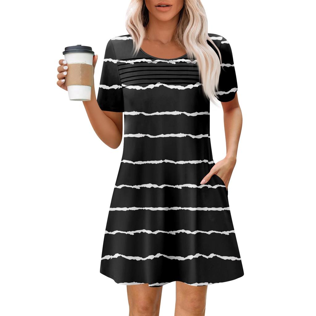 Women's Summer Casual Round Neck Pleated With Pockets Printed Short Sleeve Dresses