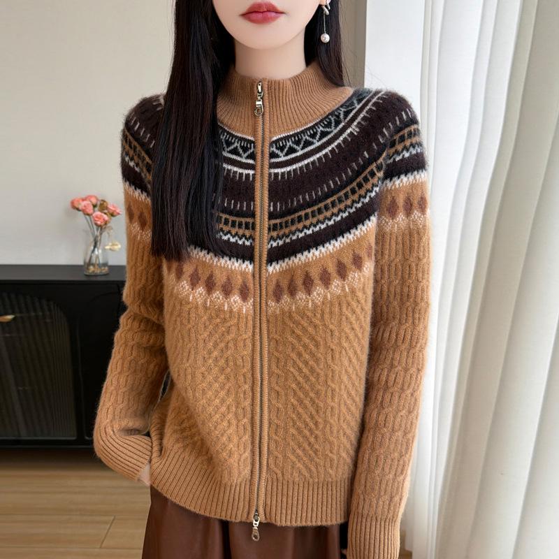 Women's Retro Zipper Wool Cardigan - Stylish Jacquard Knit for Autumn/Winter