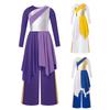 Girls Praise Lyrical Dance Outfit Long Sleeve Metallic Dress with Wide-Leg Pants Worship Performance Costume Asymmetrical Design