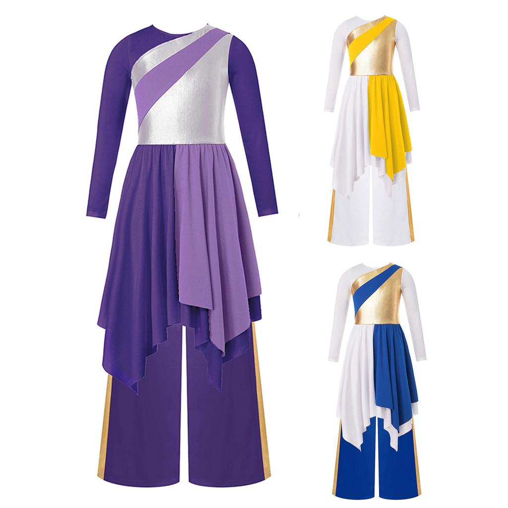 Girls Worship Dance Outfit Lyrical Performance Costume Set Metallic Asymmetrical Dress and Long Sleeve Wide Leg Pants