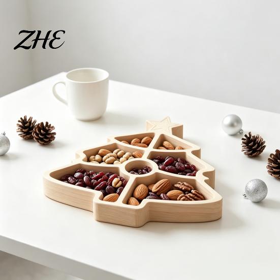 Holiday Table Centerpieces Wooden Christmas Divided Tray, Gingerbread Man Santa Xmas Tree Compartment Snack Claus Party Platters Platter, Wood