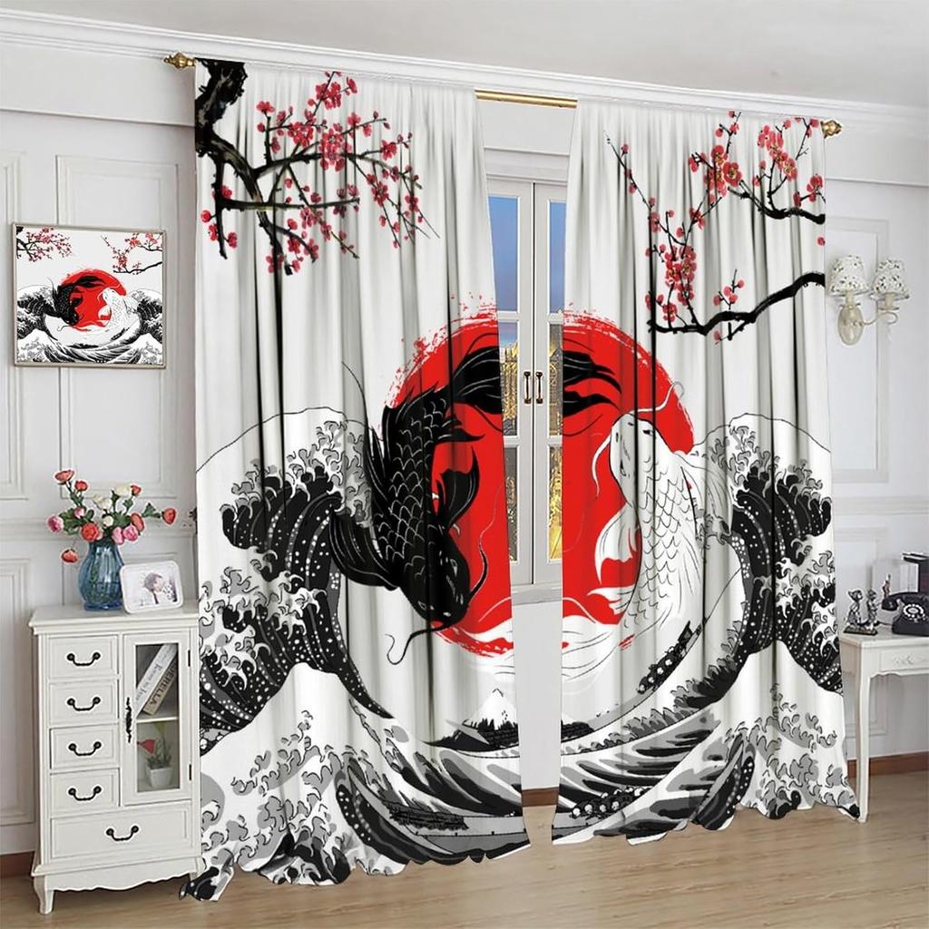 Koi Fish Curtains Japanese Black and White Fish Great Wave Cherry Blossom Pattern Rod Pocket Decor Drapes for Bedroom Living