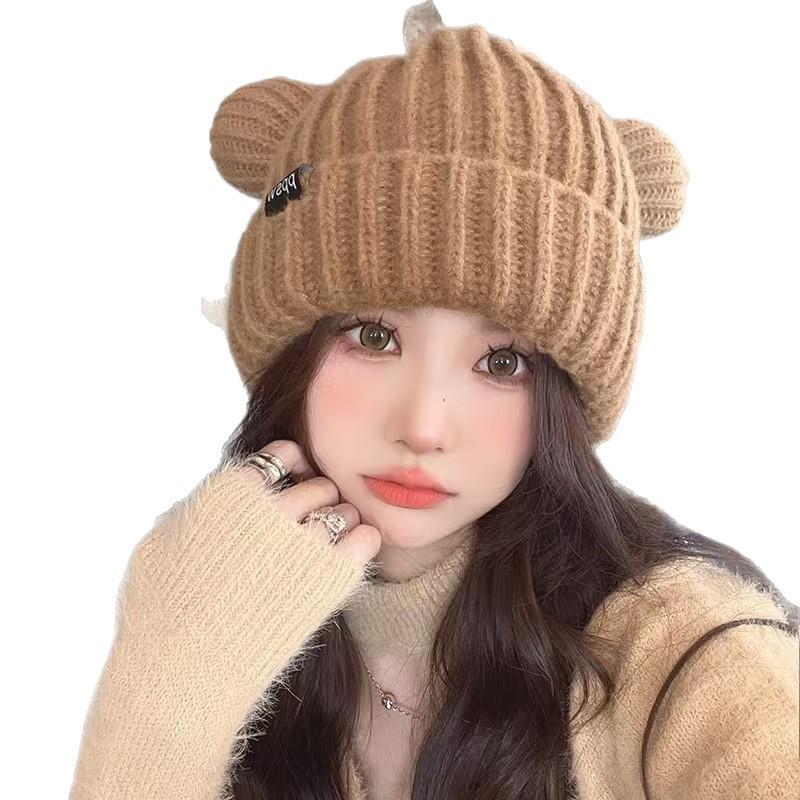 Bärenmütze Damen Herbst und Winter niedliche vielseitige Wollmütze süß und niedlich Gesicht kleiner Gehörschutz Strickmütze Winter