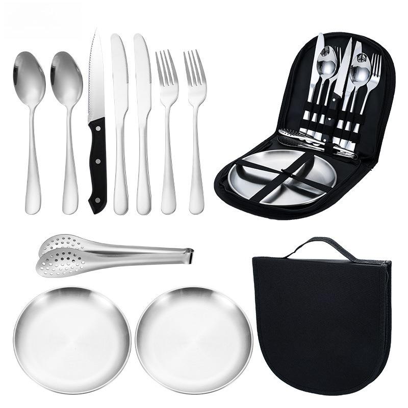 1SET/10PCS Stainless Steel Outdoor Tableware, Camping Picnic Barbecue Steak Knife, Fork, Spoon Plate Portable Tableware Set