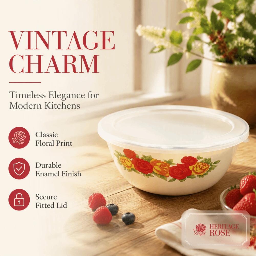 Floral Enamel Mixing Bowl Chinese Rose Print Instant Noodle Bowl Office Lunch