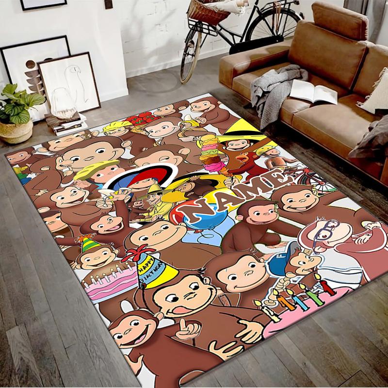 Custom Curious George Mat Personalized Name, Polyester Washable Indoor Entryway Rug, Gift for Christmas, Easter, Thanksgiving Day