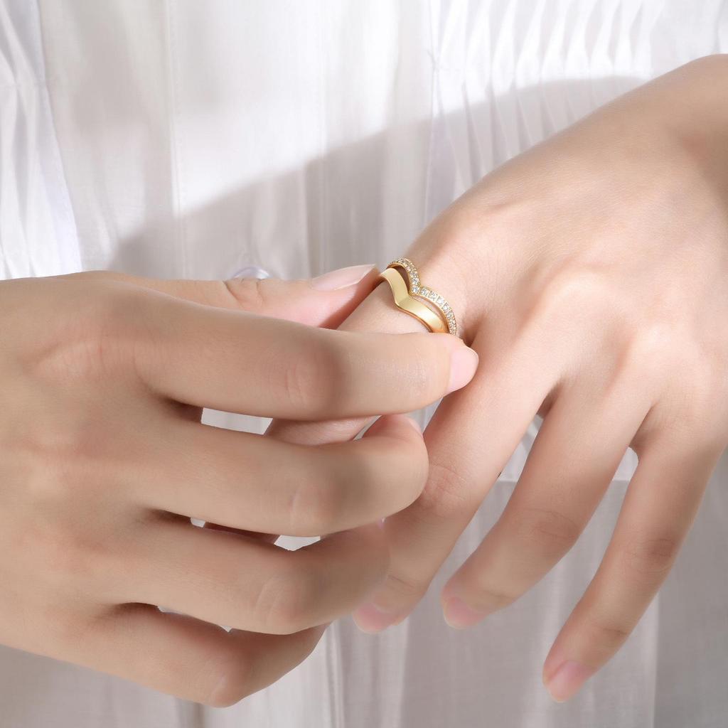 Women's Gold V-Shape Cubic Zirconia Stainless Steel Ring R-665