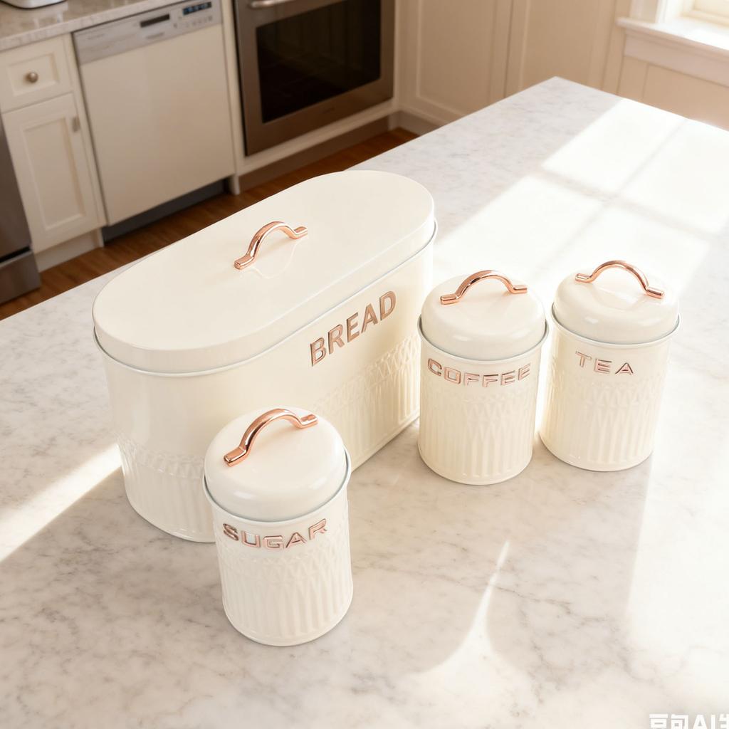 Set da 4 pezzi: Porta pane e barattoli in ferro per cucina, Caffè, Tè, Zucchero, Porta pane in metallo per piano di lavoro