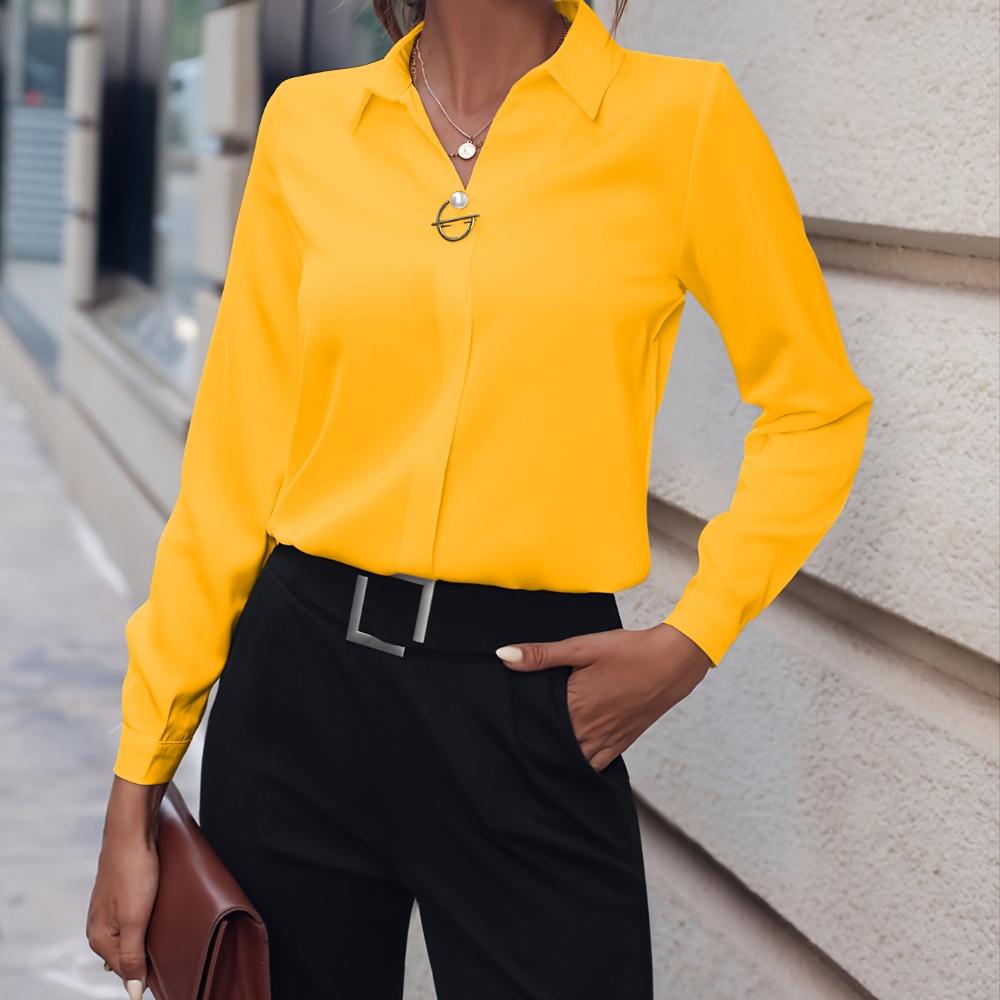 Women's Slim Fit Solid Color Long Sleeve Blouse Elegant Commuter Shirt Office Wear Top