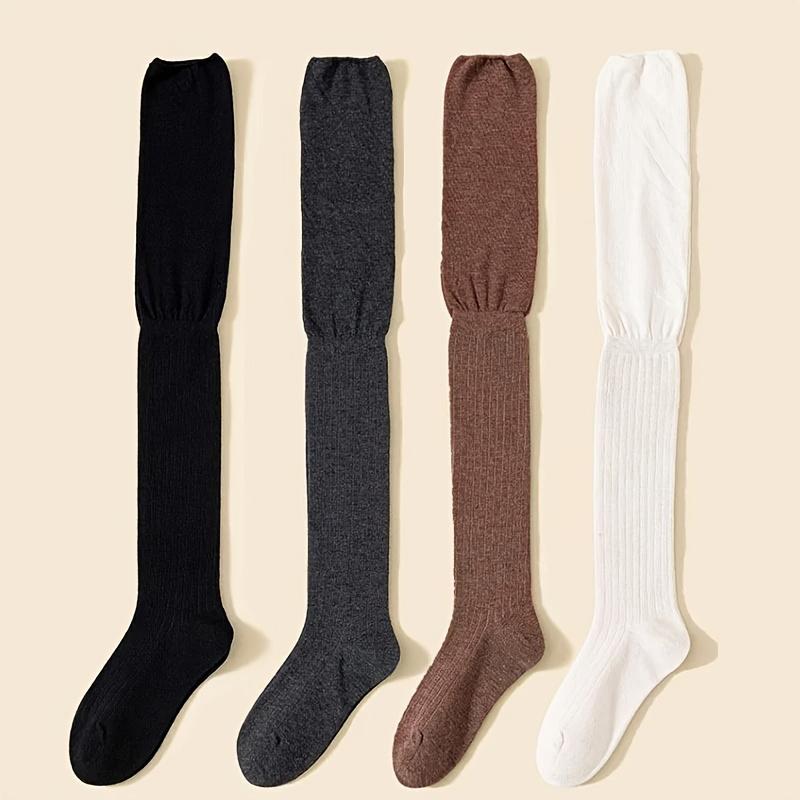 Women Thin Washable Solid Casual Long Stacked Vintage Knee-High Socks Fashion High Elasticity Outdoor Polyester Stockings 1 Pair