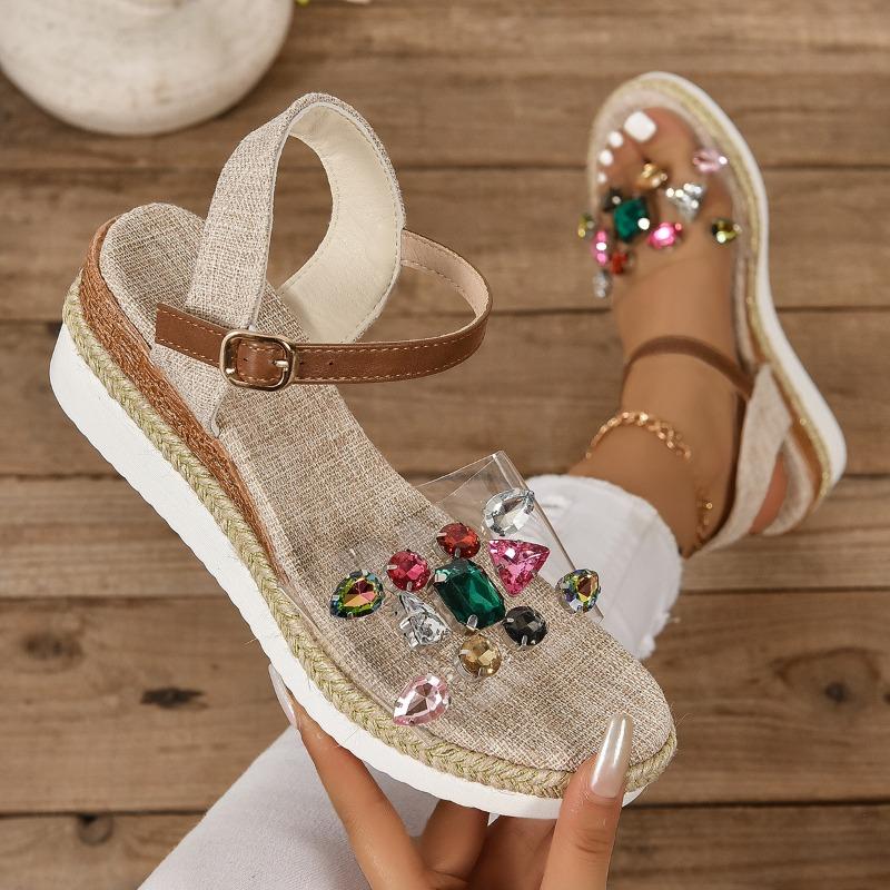 Spring and summer new open-toed large-size colored diamonds transparent one-word women's wedge heel sandals platform hemp rope sandals women