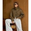 Women Pleated Lapel Pilot Jacket Loose Long Sleeve Casual Khaki Coat