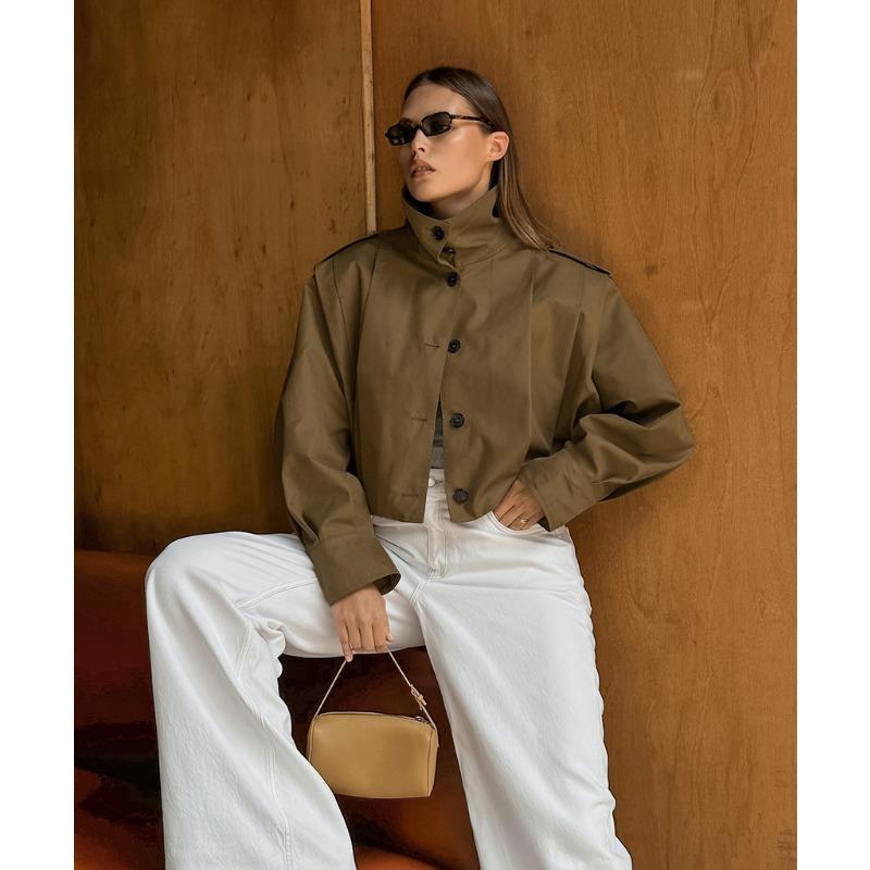 Women Pleated Lapel Pilot Jacket Loose Long Sleeve Casual Khaki Coat
