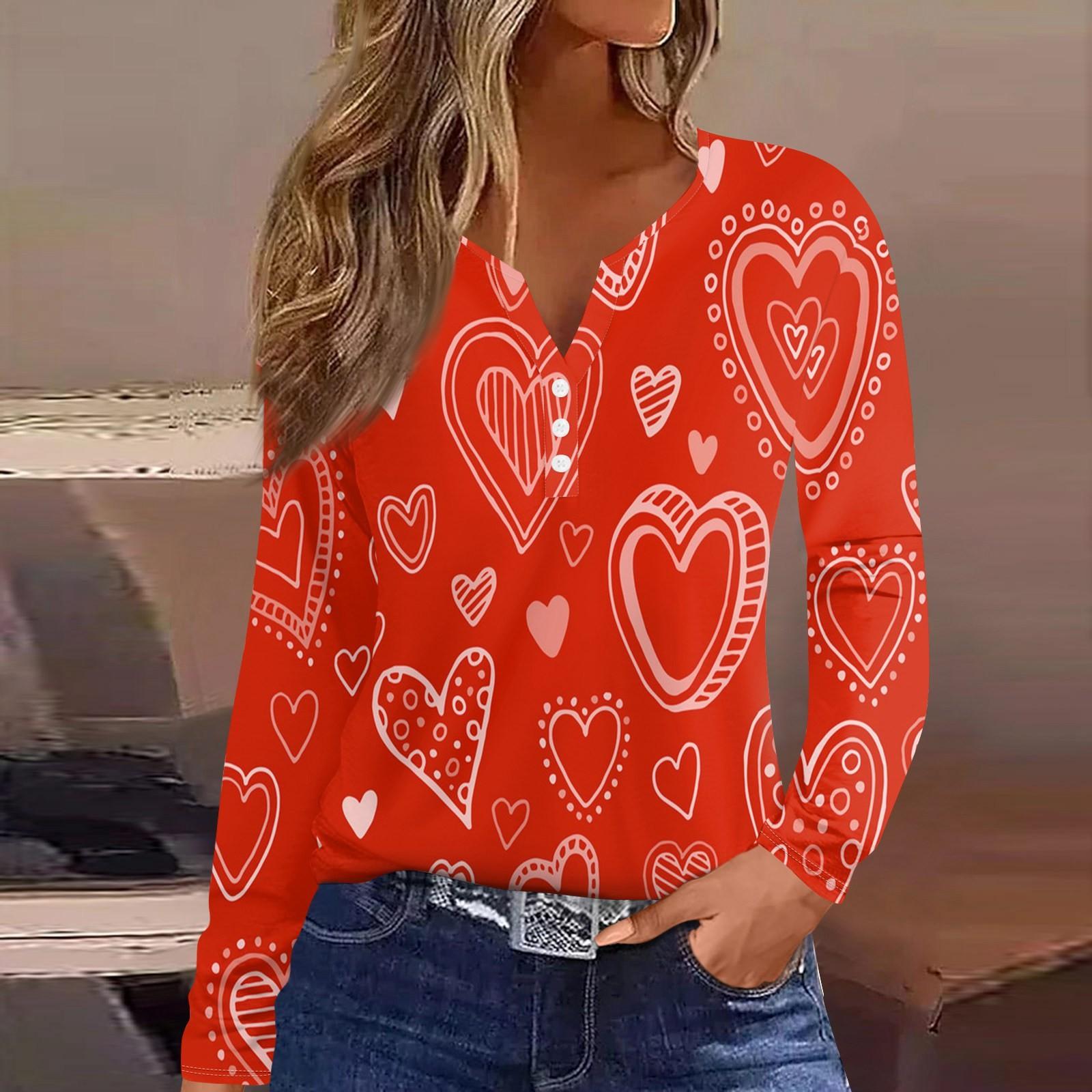 

Женская модная повседневная футболка с V-образным вырезом и длинным рукавом на пуговицах с принтом ко Дню святого Валентина M красный