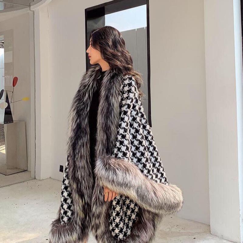 New stunner in the world imitation silver fox fur collar thousand bird plaid shawl cape imitation fur coat women