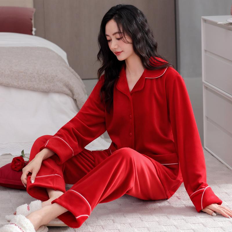 Red Pajamas Women'S Autumn And Winter Island Fleece Thickened Fleece Winter Thin Fleece Coral Fleece Natal Year Flannel Loungewear