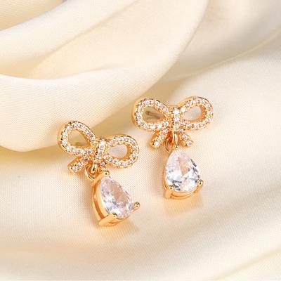 Hot-selling Full Diamond Water Drop Flash Diamond Bow Stud Earrings Mori Small Fresh Ear Jewelry