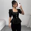 Women's Square Neck Puff Sleeve Peplum Top Elegant Button Down Slim Fit Blouse