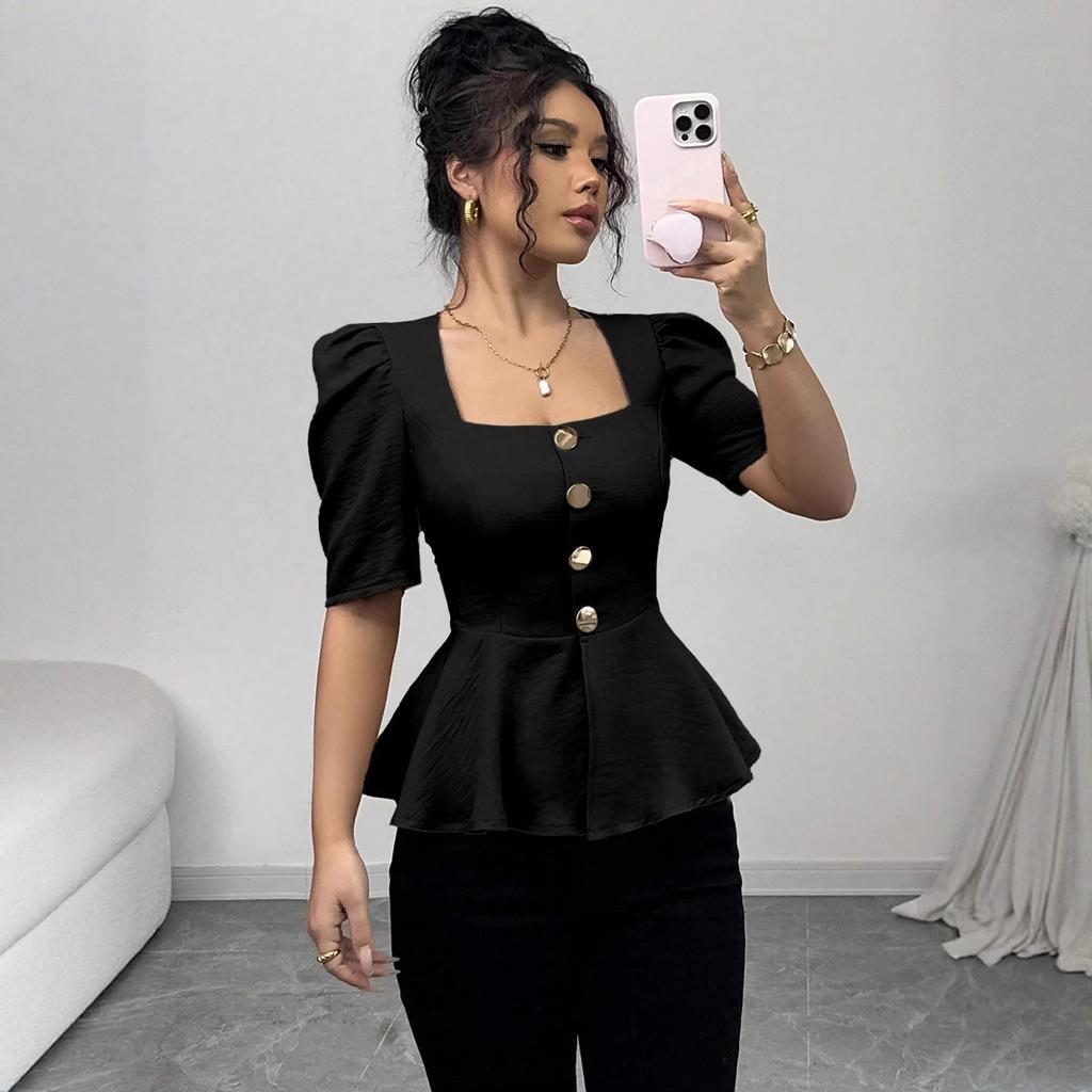 Women's Square Neck Puff Sleeve Peplum Top Elegant Button Down Slim Fit Blouse