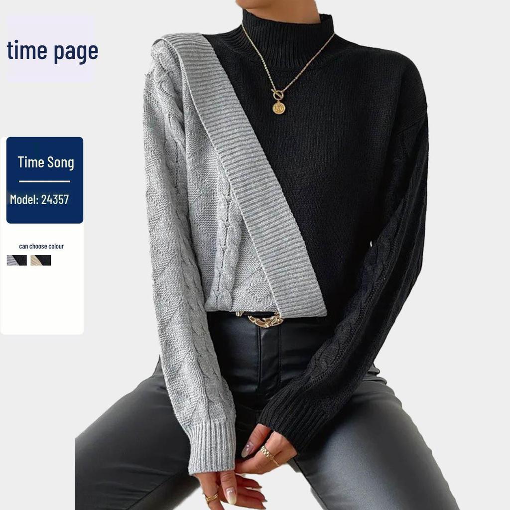 Women's Color Block Half-High Collar Cable Knit Sweater - Autumn/Winter European & American Loose Casual Style