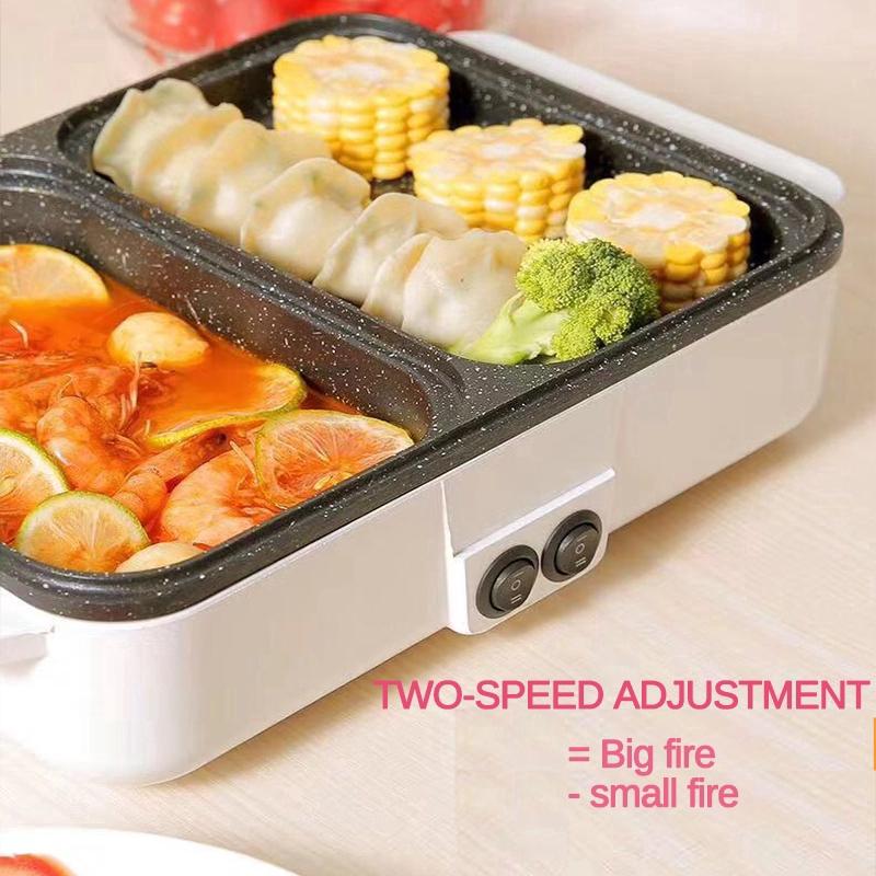 Hotpot Noodles Eggs Soup Barbecue Non-Stick BBQ Heating Pan 2-in-1 1200W Electric Cooking Pot Machine