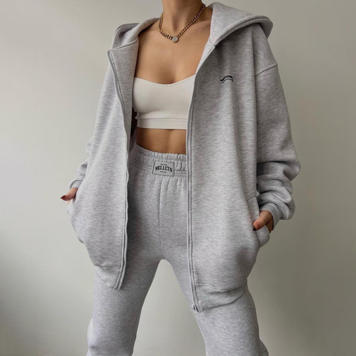 

Женский однотонный костюм с капюшоном и длинным рукавом, свободный топ, широкие брюки, осень-зима XL светло-серый