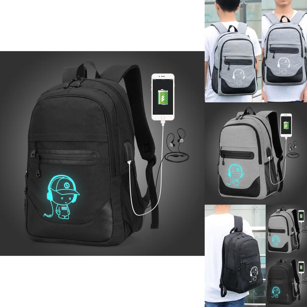 Cute Cartoon Printed Night Luminous Waterproof Laptop Backpack With Usb Charging
