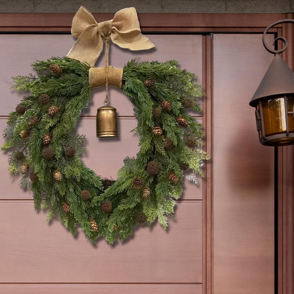 Artificial Christmas Bell Wreath For Front Door Linen Bow Wreath Bohemian Pine Garland Door Hanging Window Christmas Decoration