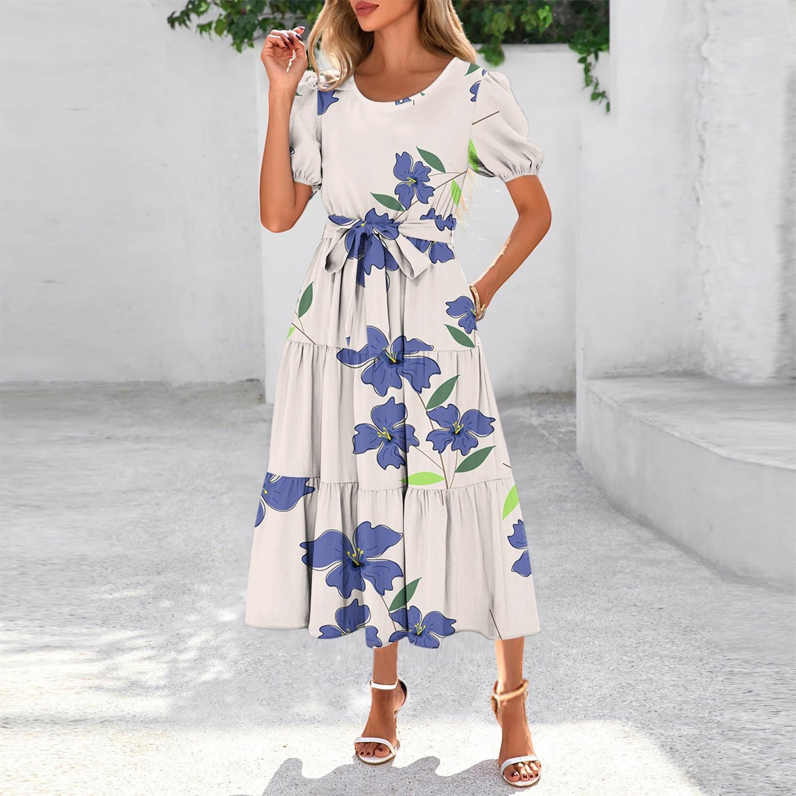 

Женское летнее платье макси с коротким рукавом, круглым вырезом, поясом и карманами в стиле бохо с струящейся отделкой S